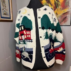 Vintage Eddie Bauer 100% Wool Knit Winter Cardigan Horse Carriage ( Medium )